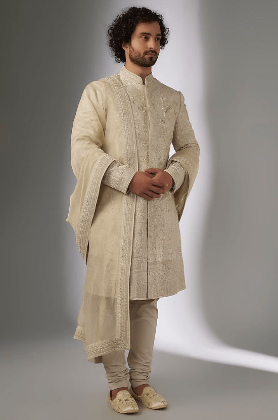 Ivory Raw Silk Embroidered Sherwani Set