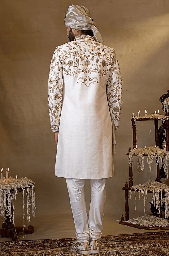 Off-White Silk Embroidered Sherwani Set - Image 2