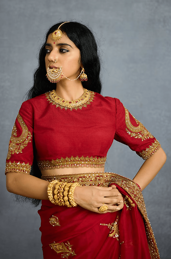 Red Jeni Silk & Organza Embroidered Saree - Image 3