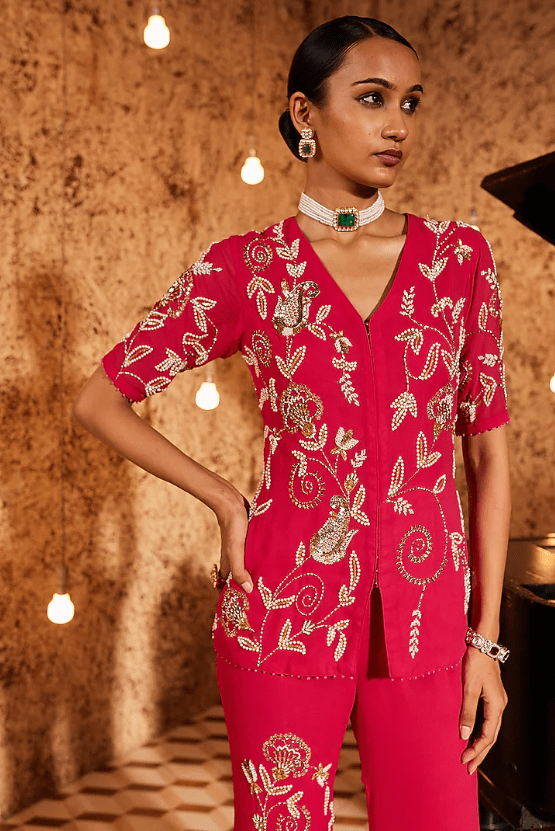 Hot Pink Georgette Floral Embroidered Jacket Set - Image 3