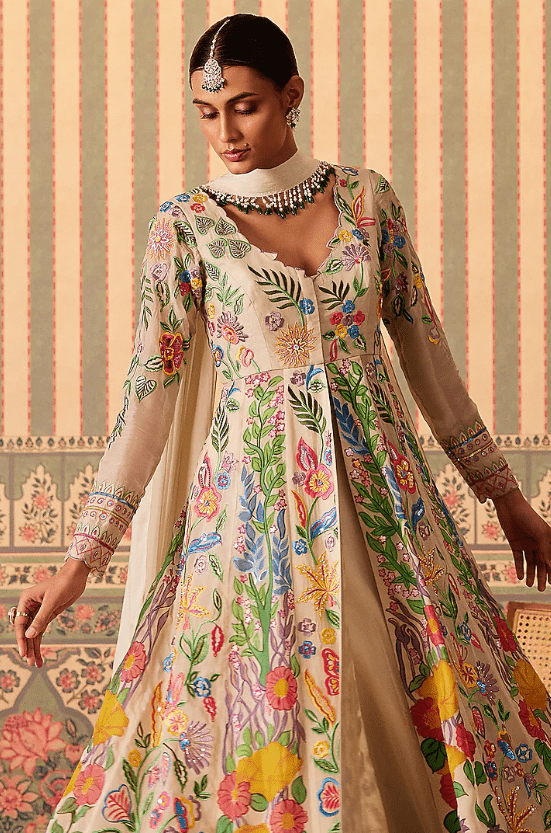 Mint Green Silk & Organza Thread Hand Embroidered Jacket Lehenga Set - Image 3