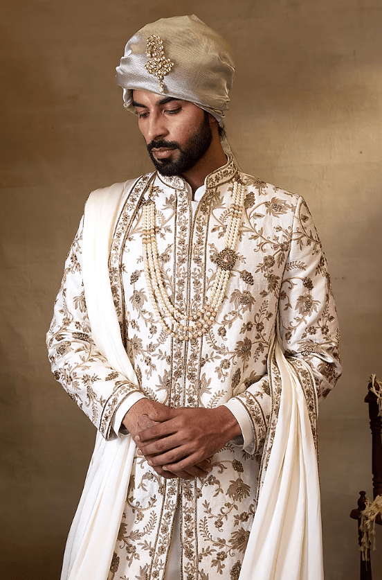 Off-White Silk Embroidered Sherwani Set - Image 3
