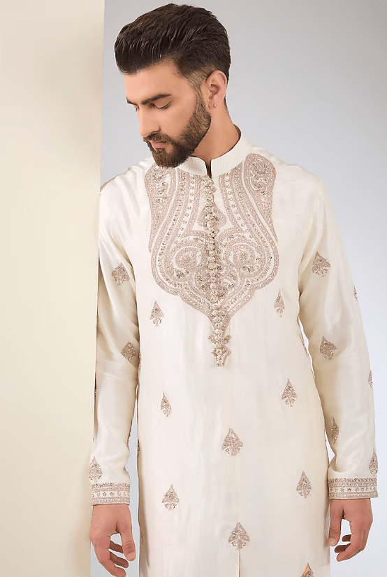 White Cotton Silk & Slub Silk Embroidered Kurta Set - Image 4
