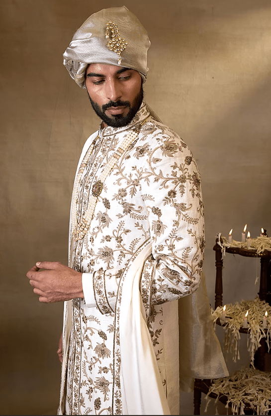 Off-White Silk Embroidered Sherwani Set - Image 4