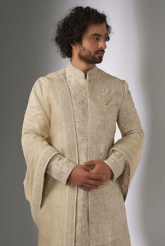 Ivory Raw Silk Embroidered Sherwani Set - Image 4