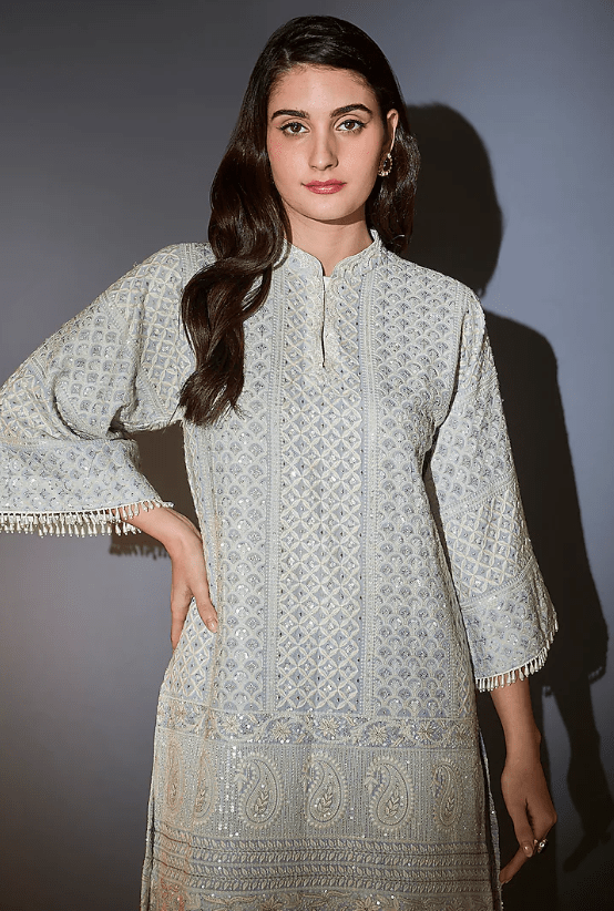 Powder Blue Georgette Sequin Embroidered Kurta Set - Image 4