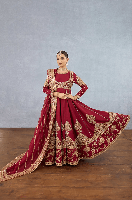 Red Jeni Silk Embroidered Anarkali Set