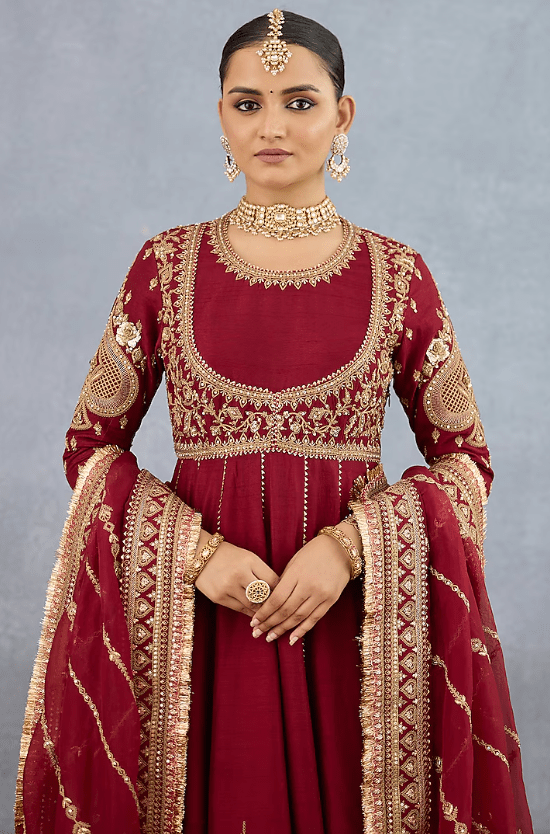 Red Jeni Silk Embroidered Anarkali Set - Image 3
