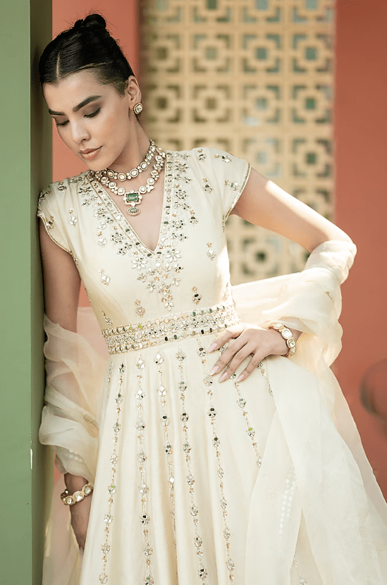 Off-White Chanderi Embellished Anarkali Set - Image 3