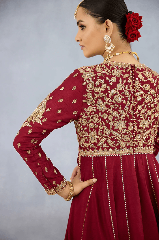 Red Jeni Silk Embroidered Anarkali Set - Image 4