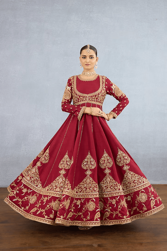 Red Jeni Silk Embroidered Anarkali Set - Image 5