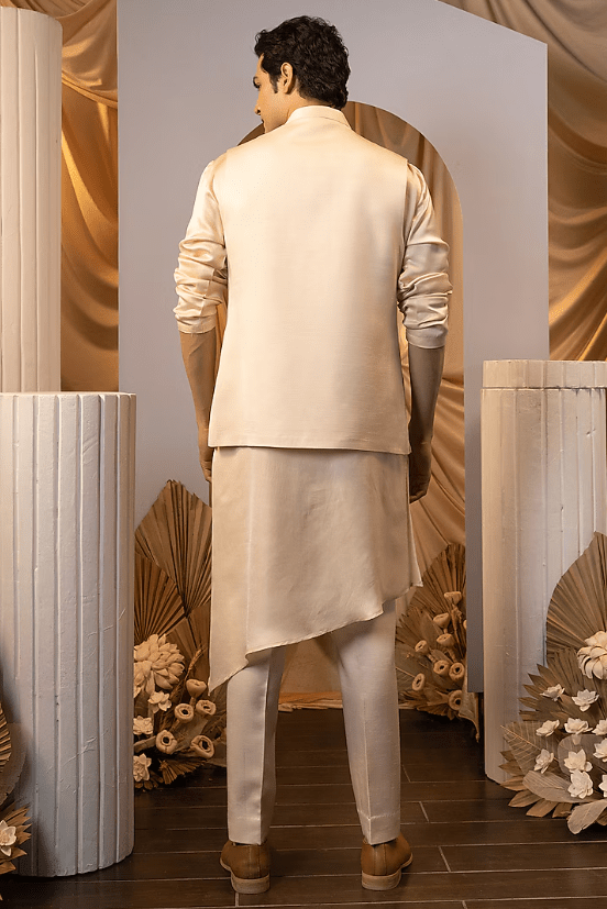 Pinkish Peach Linen Satin Floral Motif Embroidered Nehru Jacket Set - Image 2
