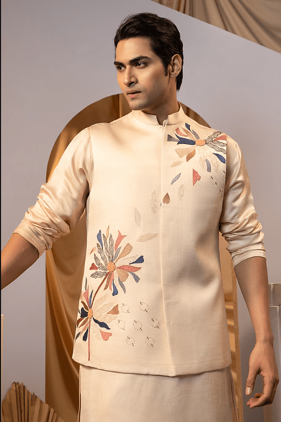 Pinkish Peach Linen Satin Floral Motif Embroidered Nehru Jacket Set - Image 4