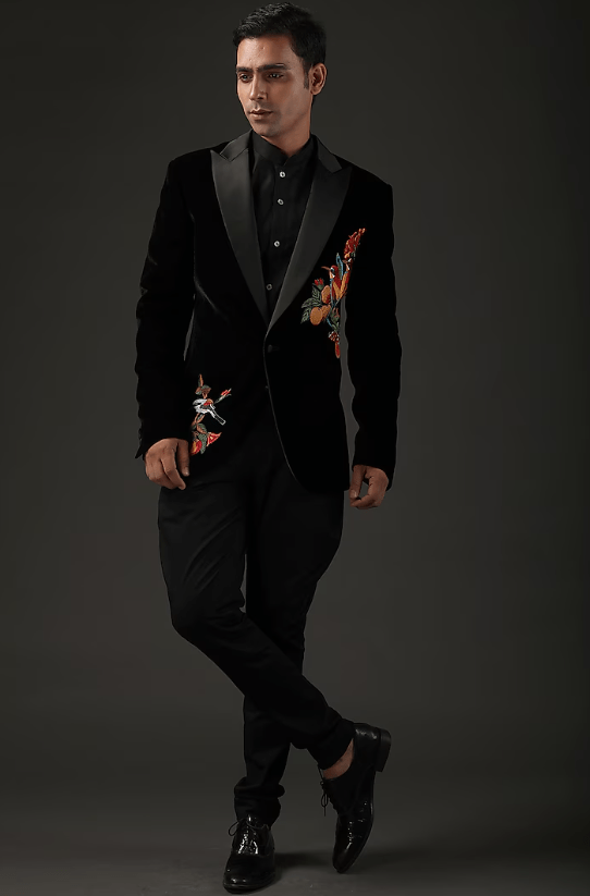 Black Velvet Embroidered Tuxedo Jacket