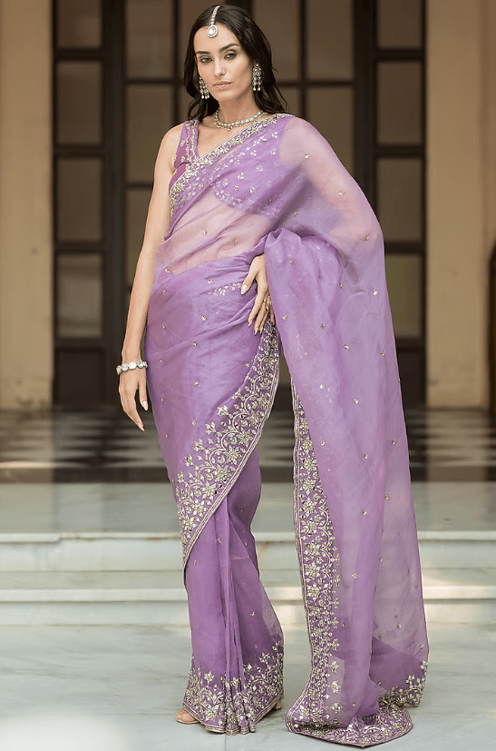 Lavender Organza Embellished Pleated Saree Set