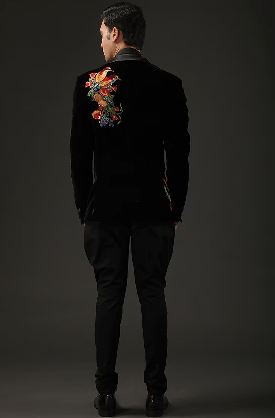 Black Velvet Embroidered Tuxedo Jacket - Image 2