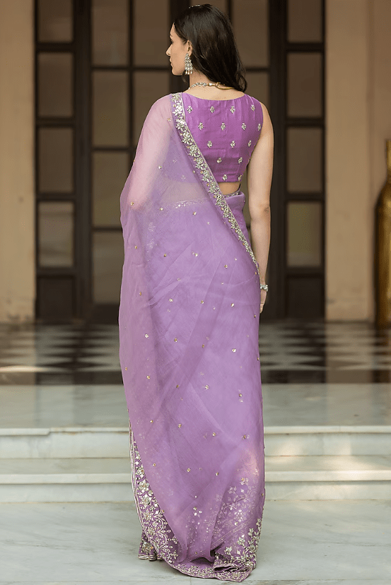 Lavender Organza Embellished Pleated Saree Set - Image 2