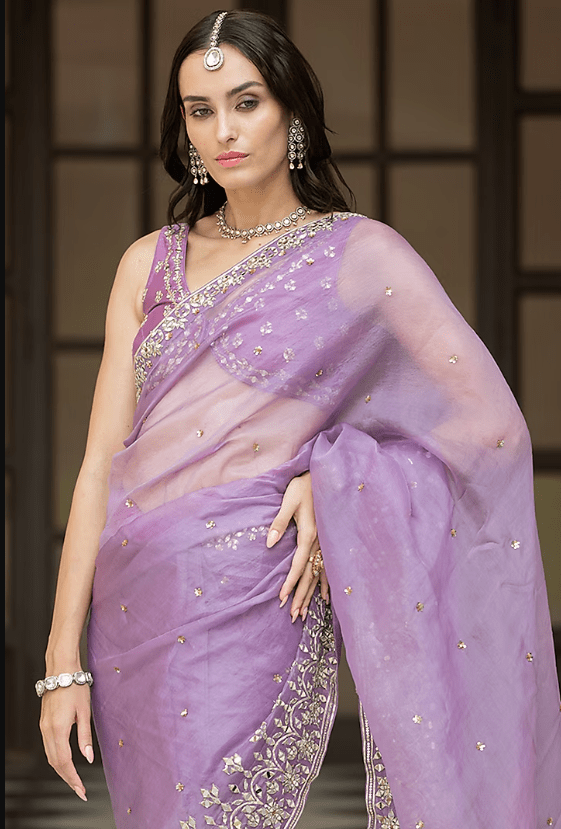 Lavender Organza Embellished Pleated Saree Set - Image 3
