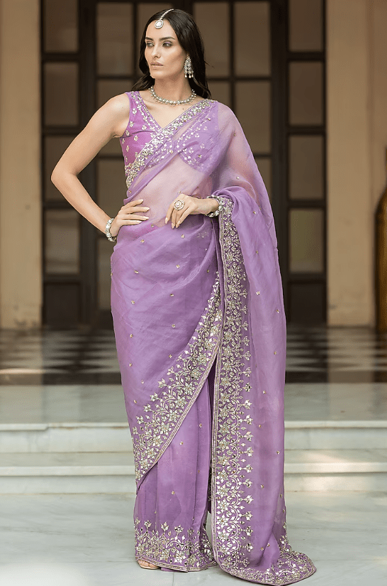 Lavender Organza Embellished Pleated Saree Set - Image 4