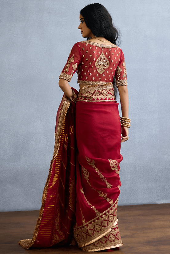 Red Butterfly Net & Organza Embroidered Saree - Image 6