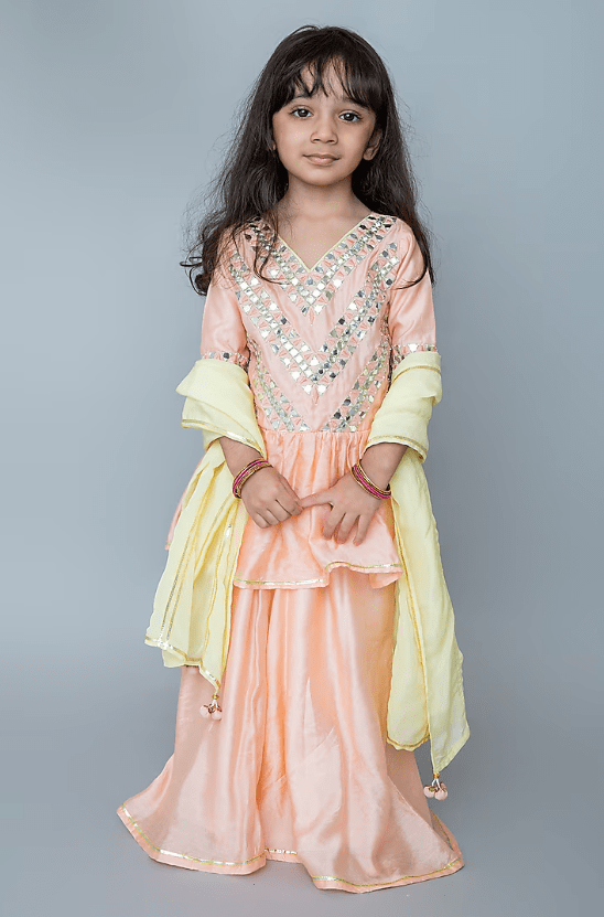 Peach Organic Cotton & Handwoven Chanderi Sharara Set For Girls