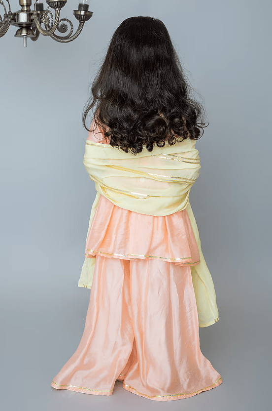 Peach Organic Cotton & Handwoven Chanderi Sharara Set For Girls - Image 2