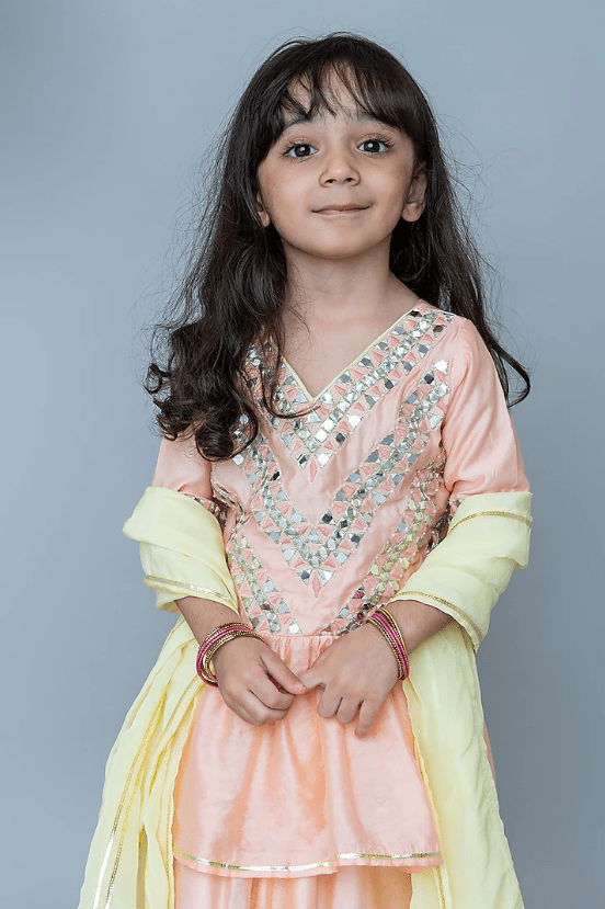 Peach Organic Cotton & Handwoven Chanderi Sharara Set For Girls - Image 4