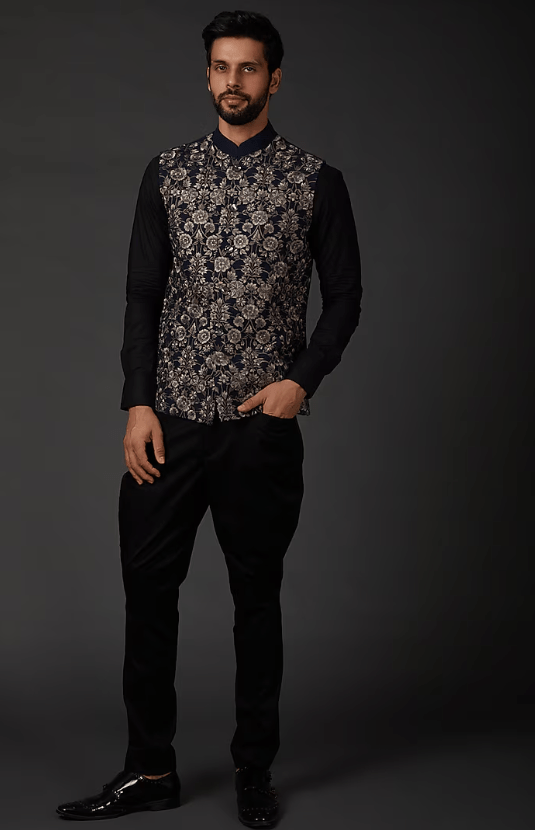 Indigo Blue Bundi Jacket In Matka Silk
