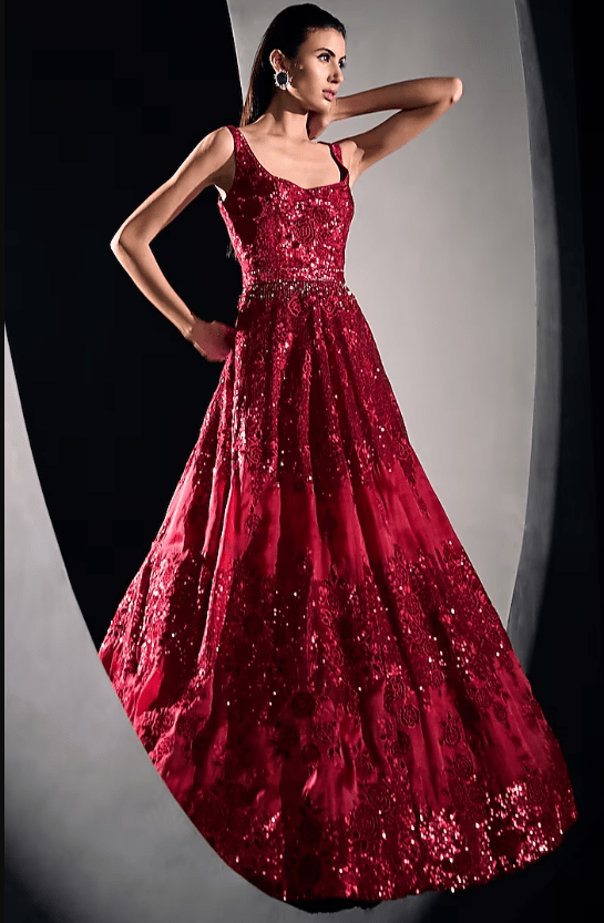 Red Organza Sequins Embroidered Gown