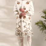 Ivory Slub Silk Embroidered Sherwani Set