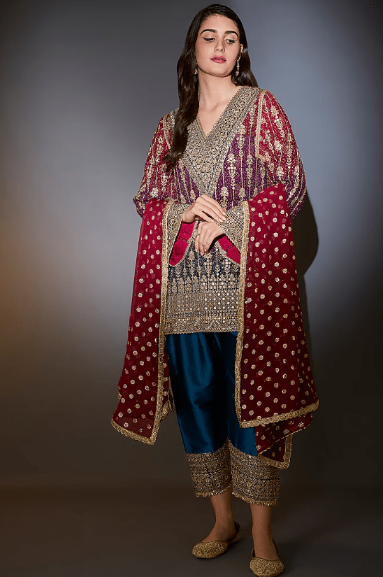 Purple Georgette Hand Embroidered Kurta Set
