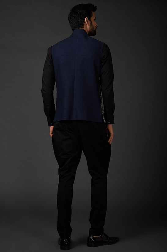 Indigo Blue Bundi Jacket In Matka Silk - Image 2