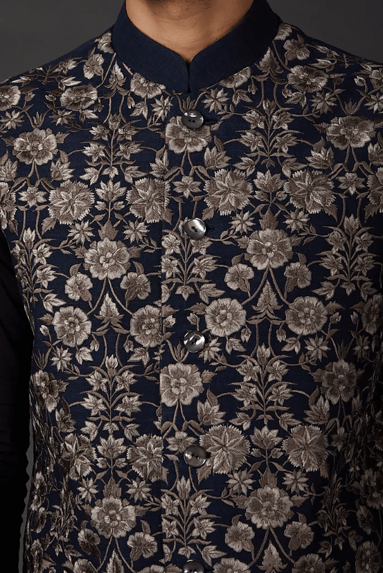 Indigo Blue Bundi Jacket In Matka Silk - Image 3