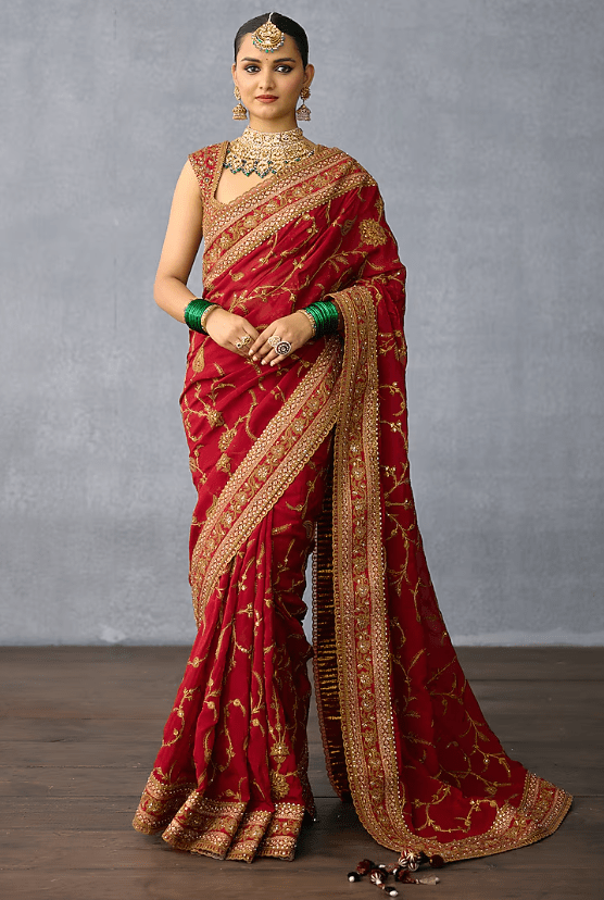 Red Jeni Silk & Organza Embroidered Saree