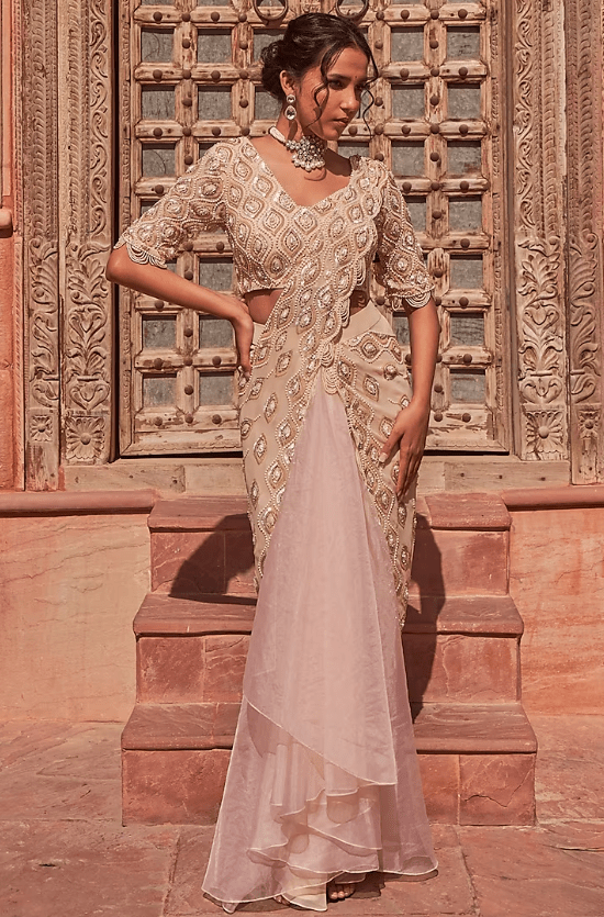 Champagne Georgette Embellished Draped Saree Set