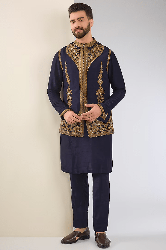 Navy Blue Cotton Silk & Slub Silk Embroidered Nehru Jacket Set