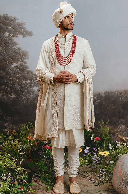 Ivory Raw Silk Embroidered Sherwani Set