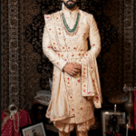 Peach-Shaded Raw Silk Thread Embroidered Sherwani Set