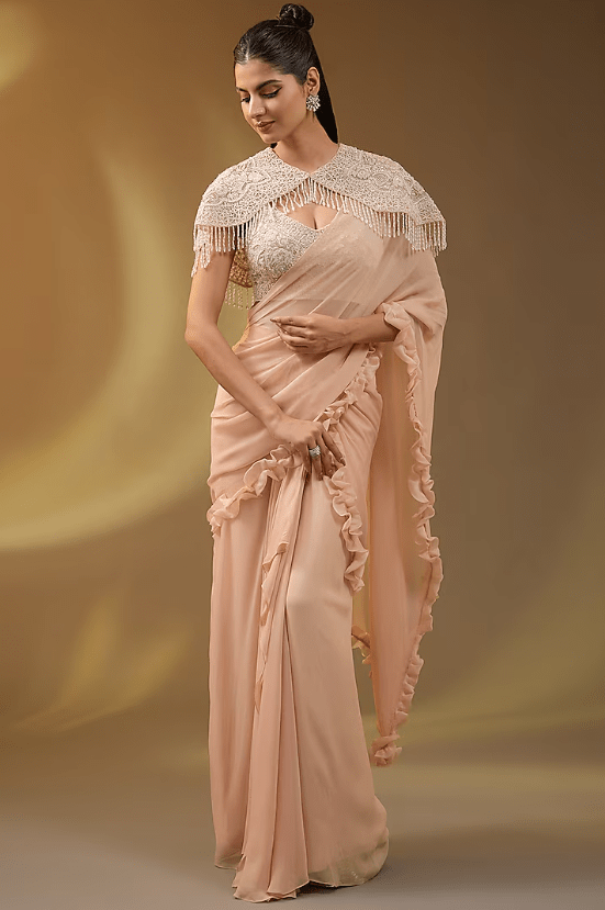 Beige Georgette Ruffled Saree Set