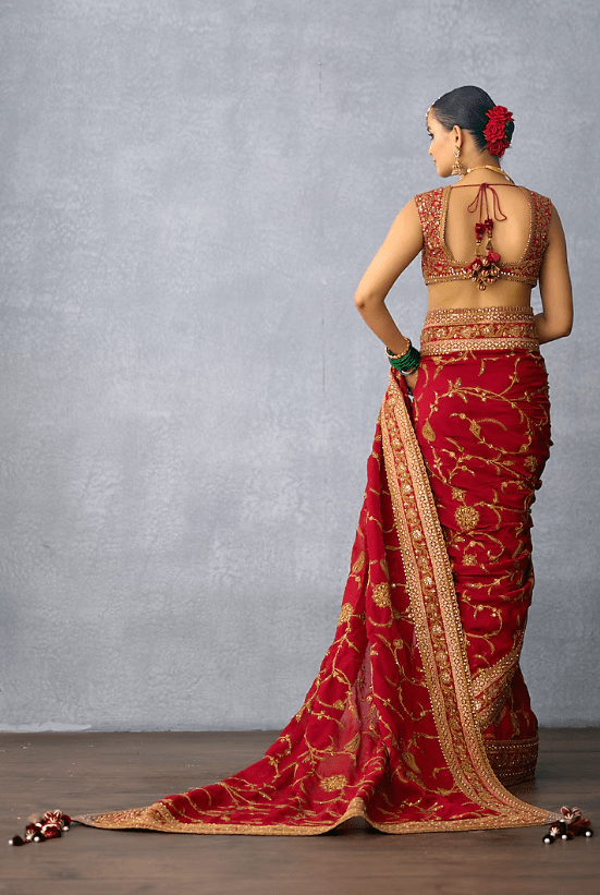 Red Jeni Silk & Organza Embroidered Saree - Image 2