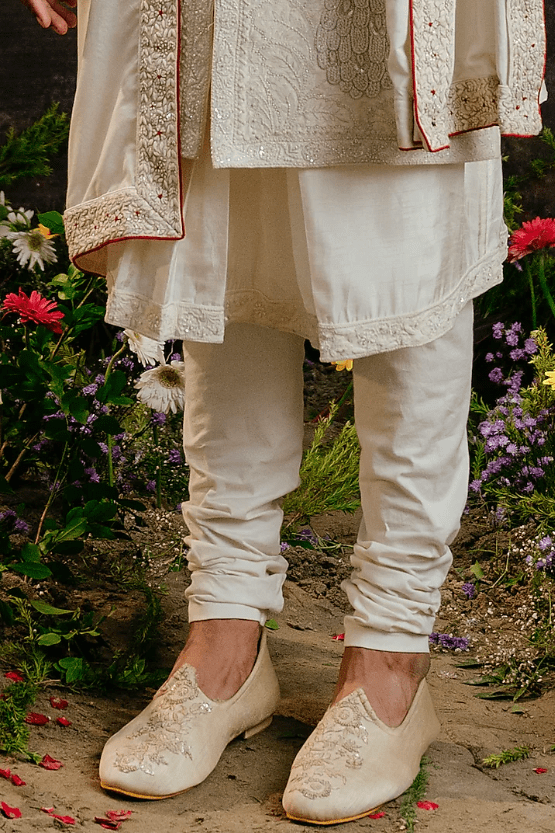 Ivory Raw Silk Embroidered Sherwani Set - Image 2