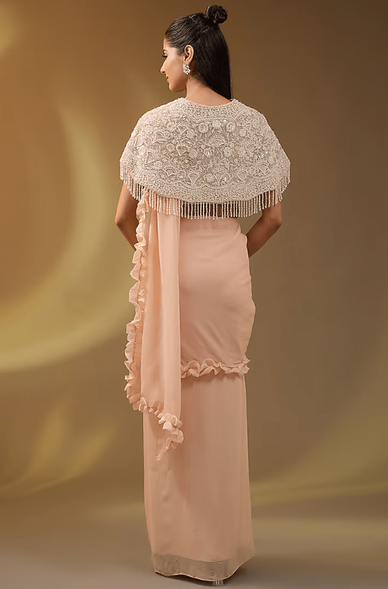 Beige Georgette Ruffled Saree Set - Image 2