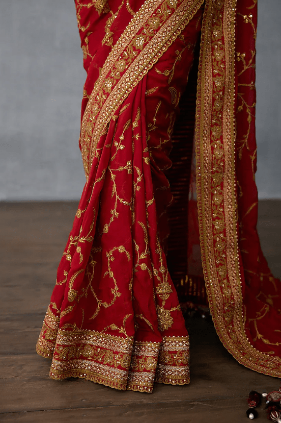 Red Jeni Silk & Organza Embroidered Saree - Image 3
