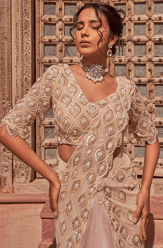 Champagne Georgette Embellished Draped Saree Set - Image 3