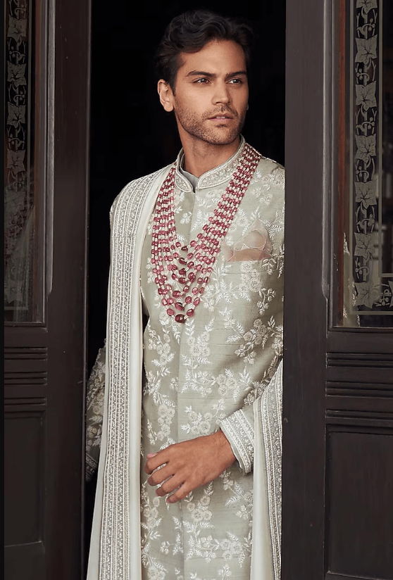 Mint Green Raw Silk Floral Dori Embroidered Sherwani Set - Image 3