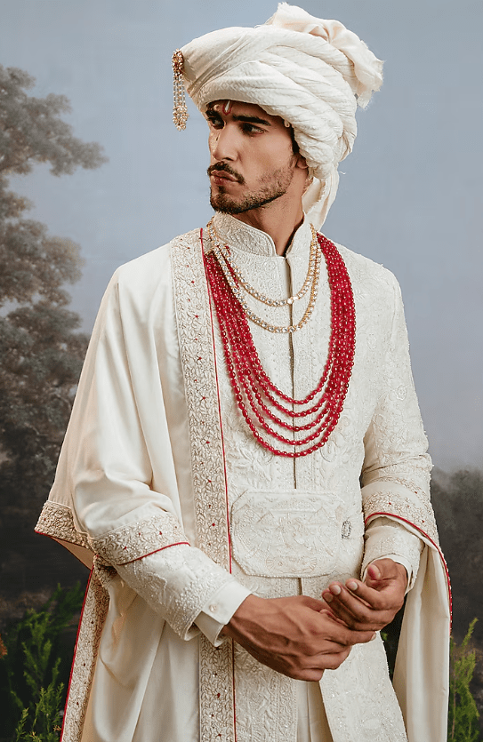 Ivory Raw Silk Embroidered Sherwani Set - Image 3