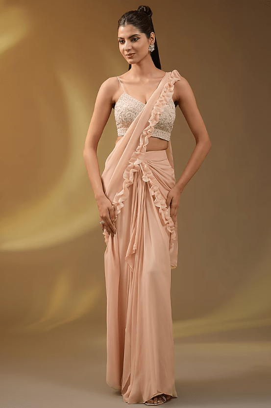 Beige Georgette Ruffled Saree Set - Image 3