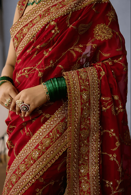 Red Jeni Silk & Organza Embroidered Saree - Image 4