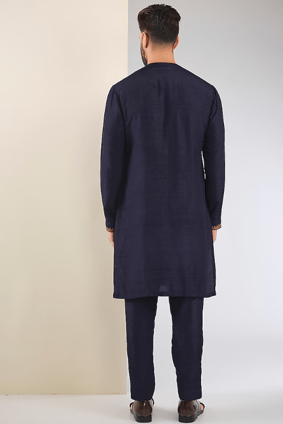 Navy Blue Cotton Silk & Slub Silk Embroidered Nehru Jacket Set - Image 4