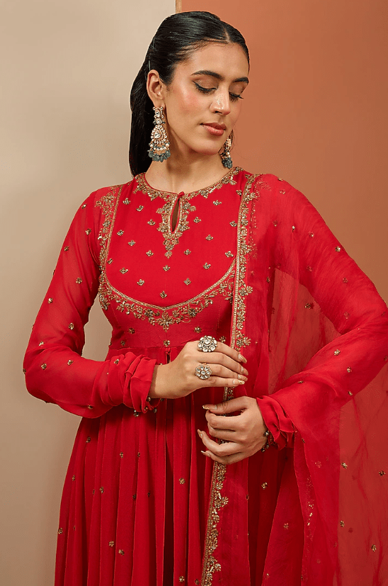 Red Georgette & Semi Crepe Hand Embroidered Anarkali Set - Image 4